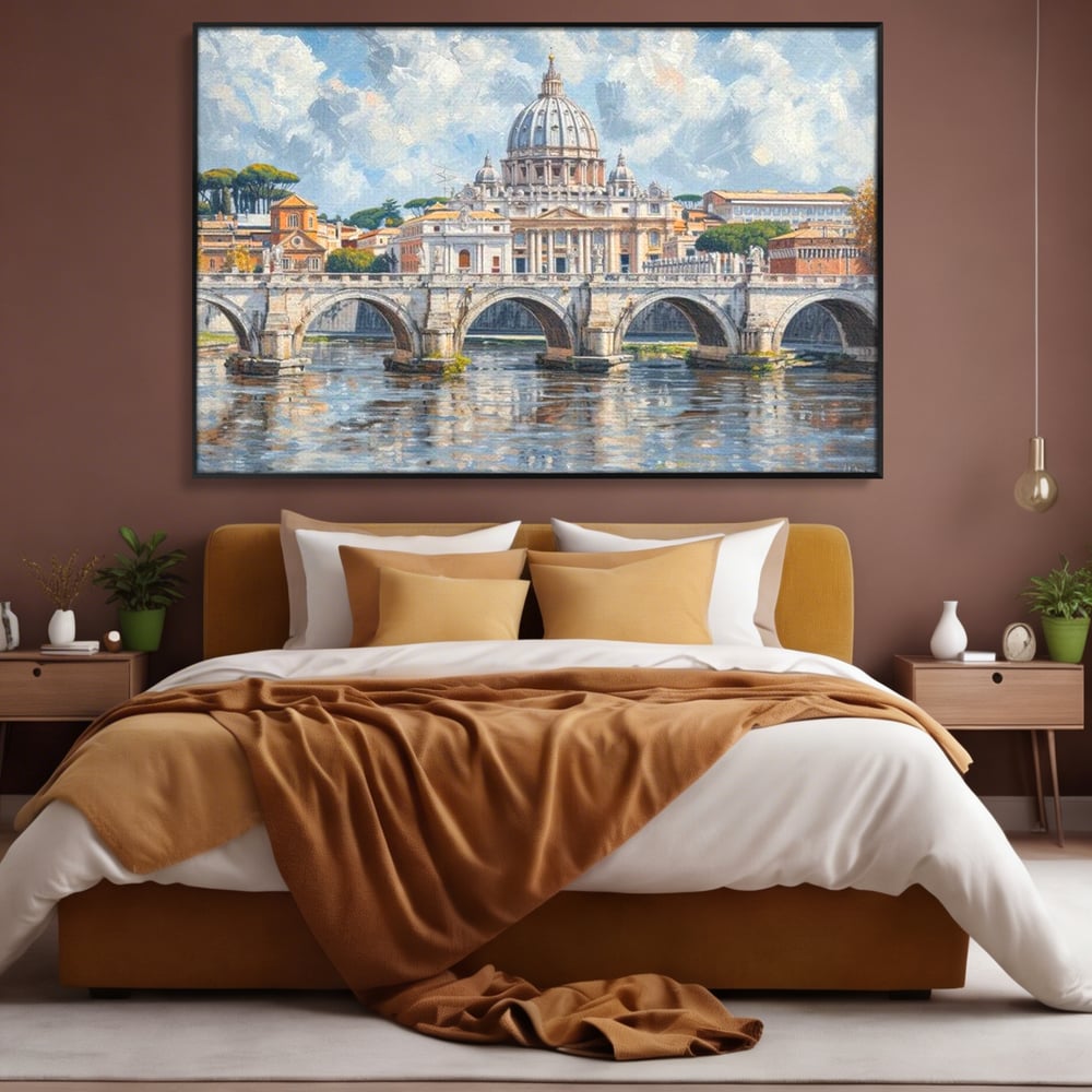 Tablou canvas cu tablou canvas cu podul si cupola vaticanului, in rama de aluminiu negru, pe perete intr-un dormitor